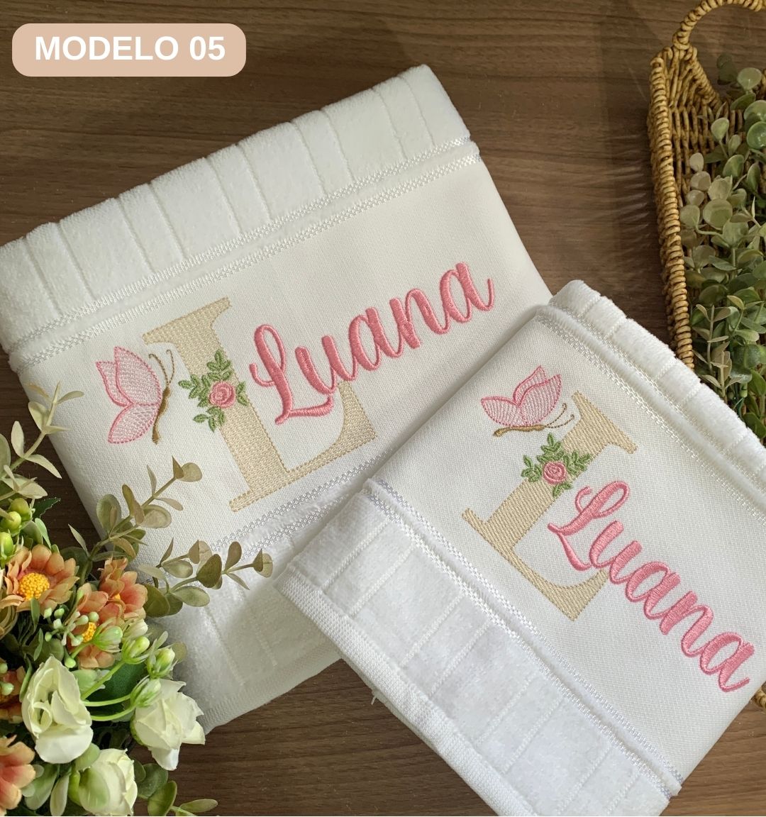 toalha de banho e rosto bordadas feminina